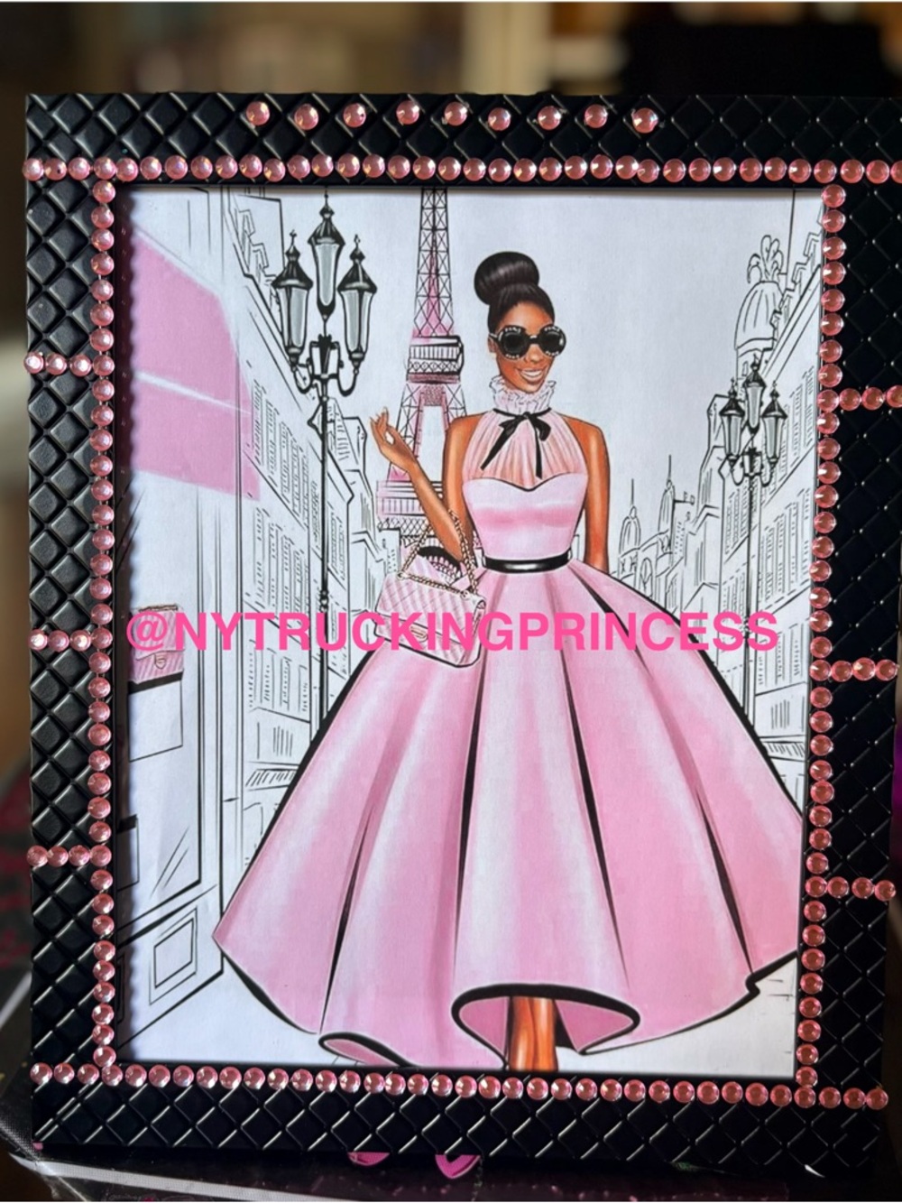 Pink Fashion Illustration in Black Jeweled Frame-8x10 inches